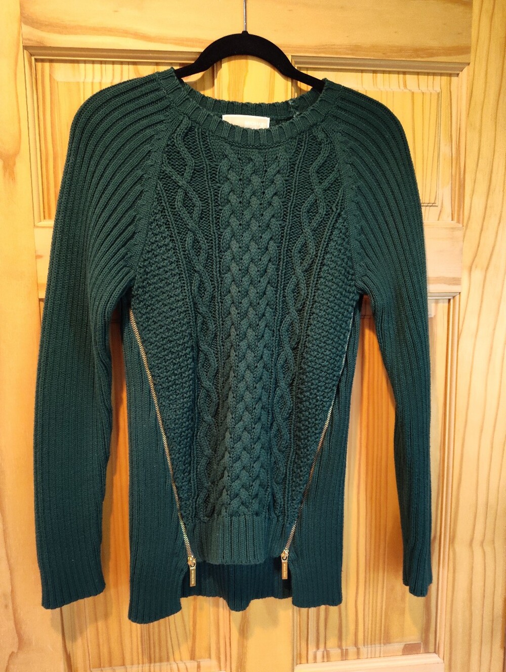 Michael Kors Forest Green Cable Knot Crewneck Slim Sweater Zipper Sides
